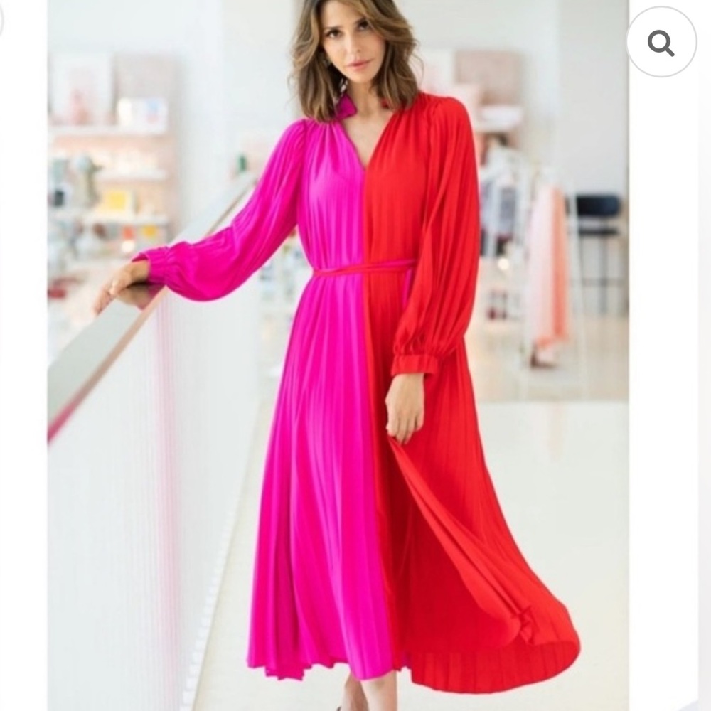 CROSBY by Mollie Burch Vibrant Pink and Red Pleated Belted Valentines Midi Dress